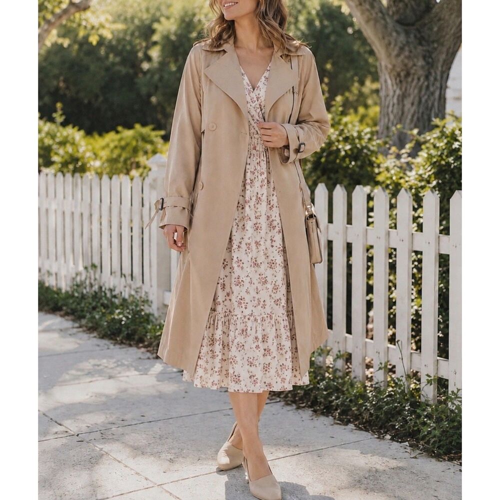 Modern Pleated Back Trench Coat Tan Beige Mixed Media Adjustable Back Belt